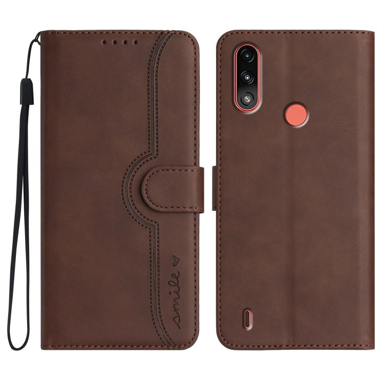 Leather phone case in brown with flip cover, card pocket, and wrist strap