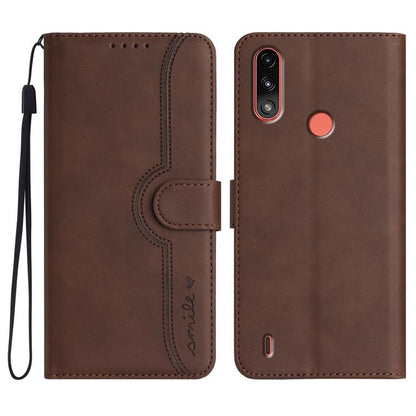 Leather phone case in brown with flip cover, card pocket, and wrist strap