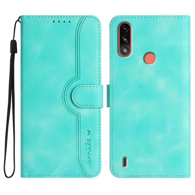 Leather phone case in light blue with flip cover, card pocket, and wrist strap