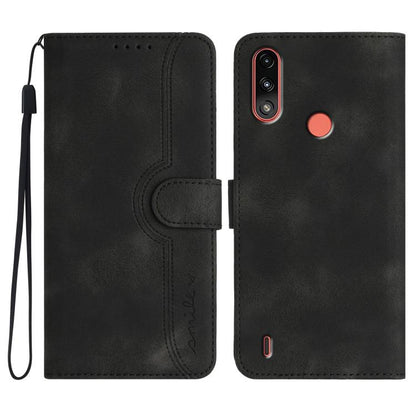 Leather phone case in black with flip cover, card pocket, and wrist strap