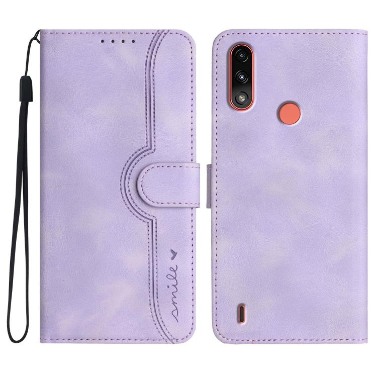 Leather phone case in lavender with flip cover, card pocket, and wrist strap
