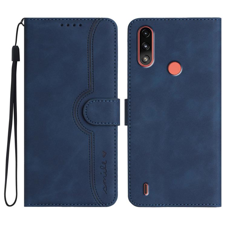 Leather phone case in navy blue with flip cover, card pocket, and wrist strap