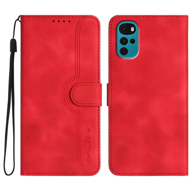 Red leather folio phone case with wrist strap and heart-shaped embossed panel