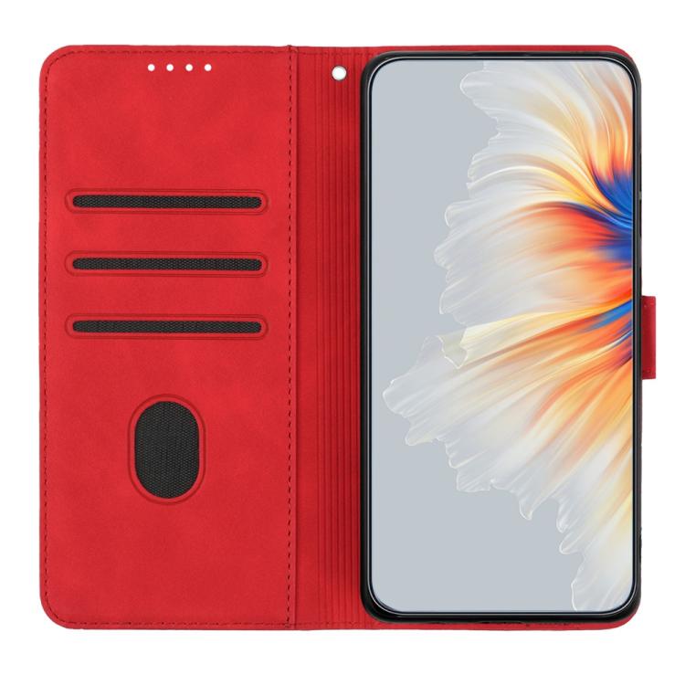 Red leather wallet phone case open view with card slots and circular speaker cutout