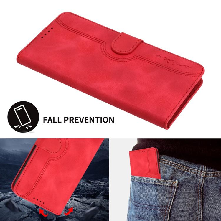 Red leather flip phone case with folio flap and wrist strap; slim wallet design