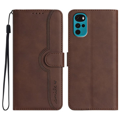 Brown leather folio phone case with wrist strap and heart-shaped embossed panel
