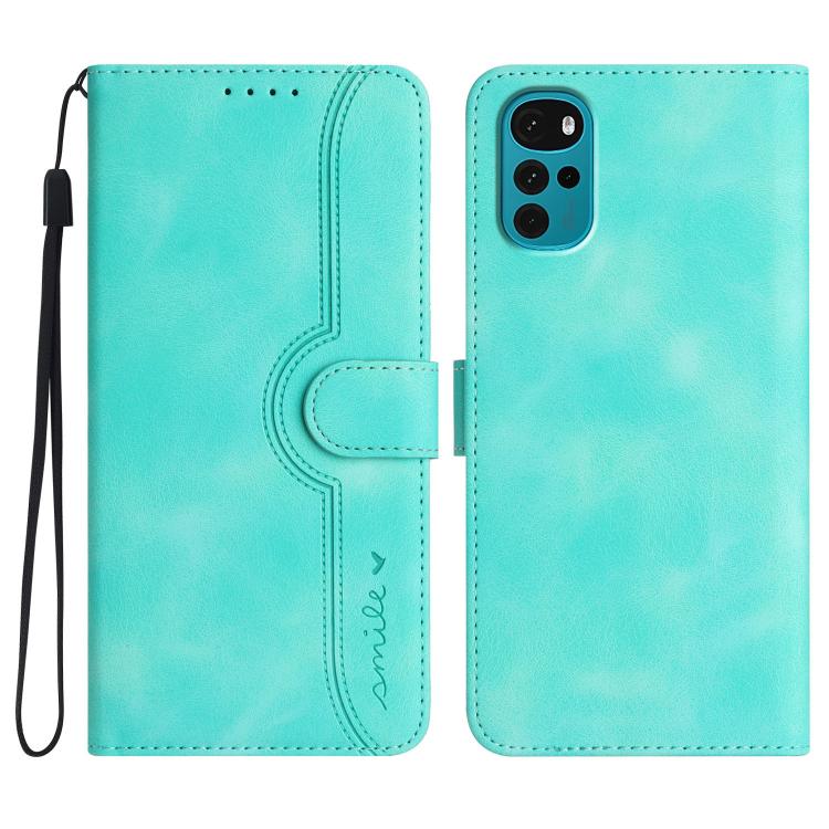 Light blue leather folio phone case with wrist strap and heart-shaped embossed panel