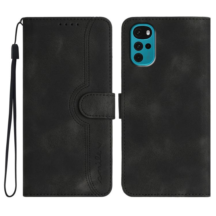 Black leather folio phone case with wrist strap and heart-shaped embossed panel