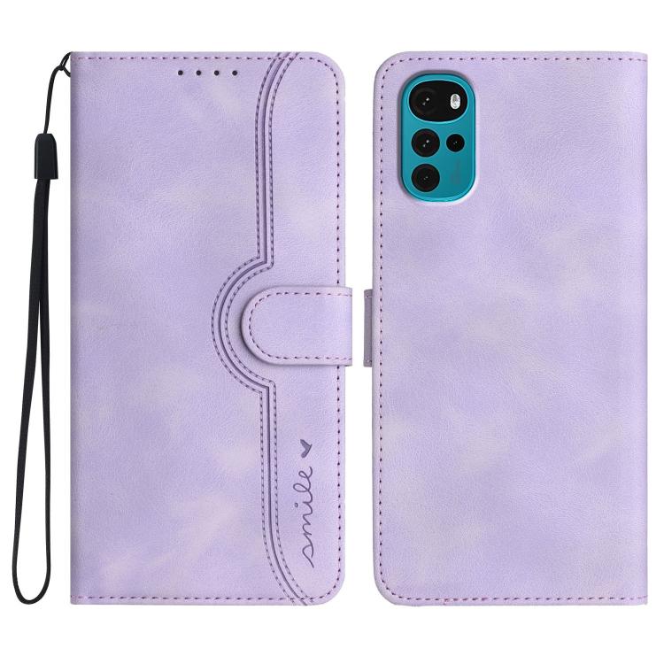 Purple leather folio phone case with wrist strap and heart-shaped embossed panel