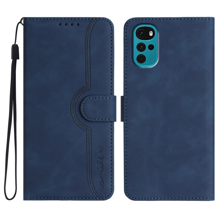 Leather phone case in dark blue with flip cover, card pocket, and wrist strap