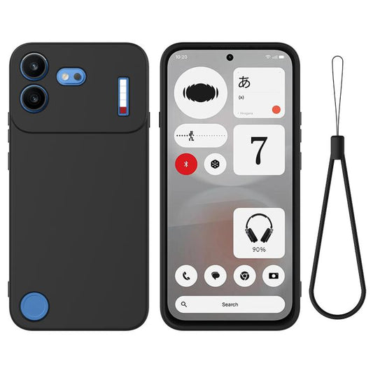 Black silicone phone case with full-coverage edges and lanyard, cutouts for cameras and ports.