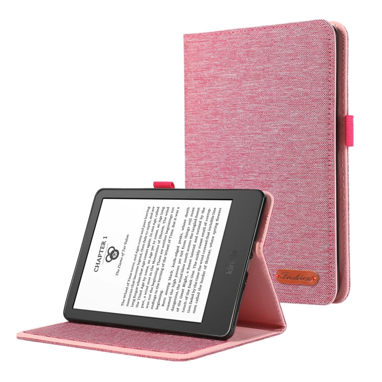 Rose pink tablet case with horizontal flip cover and viewing stand, textured fabric exterior.