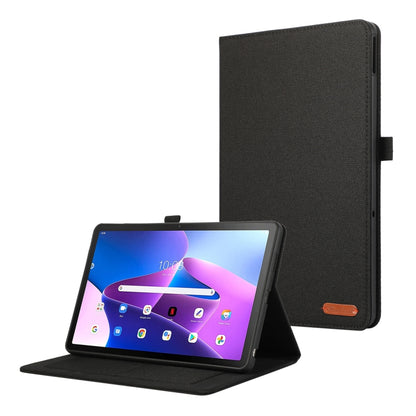 Black tablet case with horizontal flip cover and viewing stand, textured fabric exterior.