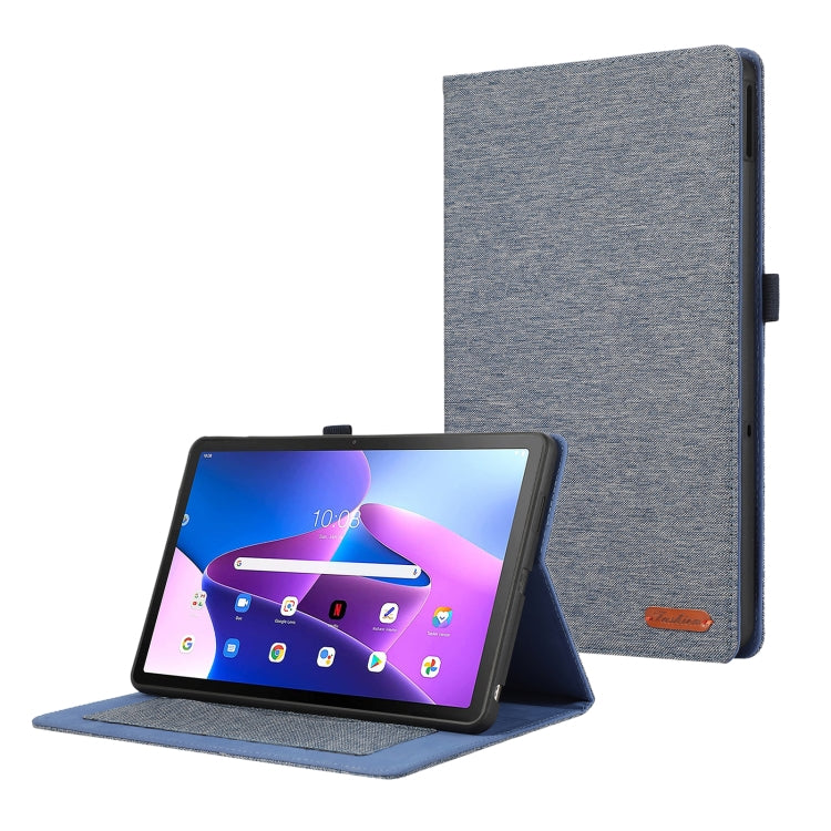 Grey tablet case with horizontal flip cover and viewing stand, textured fabric exterior.