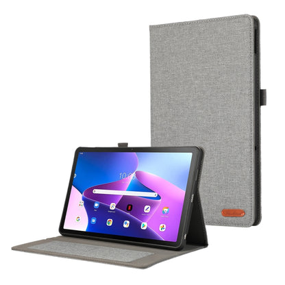 Light grey tablet case with horizontal flip cover and viewing stand, textured fabric exterior.