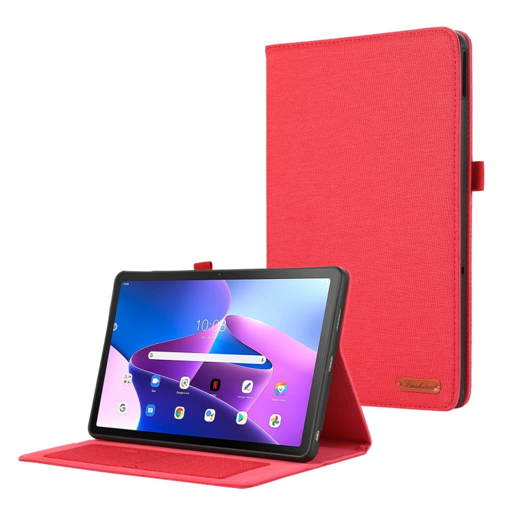 Red tablet case with horizontal flip cover and viewing stand, textured fabric exterior with TPU edges.