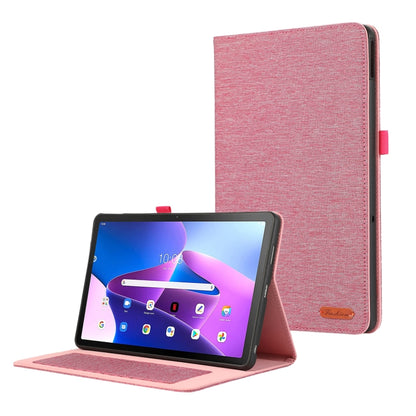 Pink tablet case with horizontal flip cover and viewing stand, textured fabric exterior.