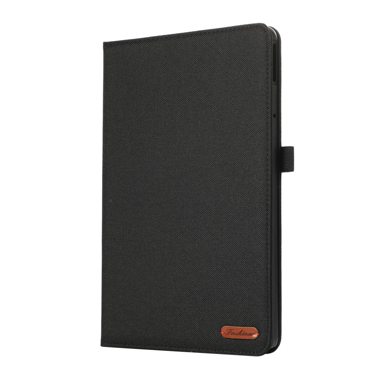 Black folio tablet case with textured fabric look, flip cover closed