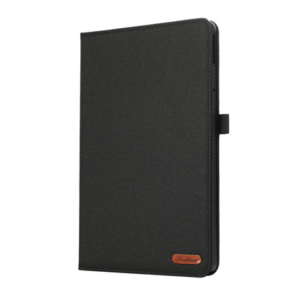 Black folio tablet case with textured fabric look, flip cover closed