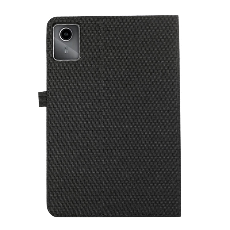 Black tablet case with camera cutout on the back, textured fabric finish