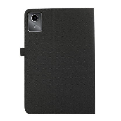Black tablet case with camera cutout on the back, textured fabric finish