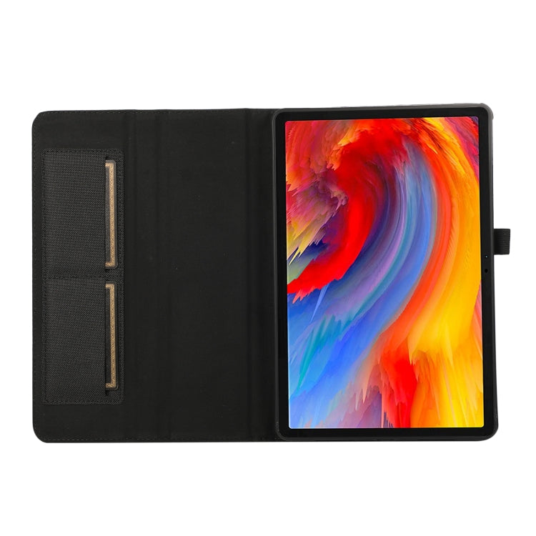 Black horizontal flip tablet case open, with card slot and front viewing
