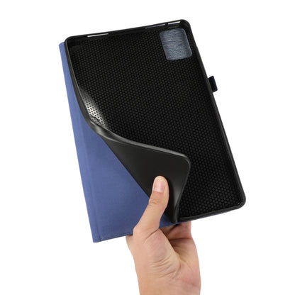 Dark blue tablet case with textured inner panel and folding stand