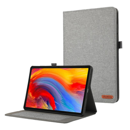 Grey folio tablet case with textured fabric look, flip cover closed
