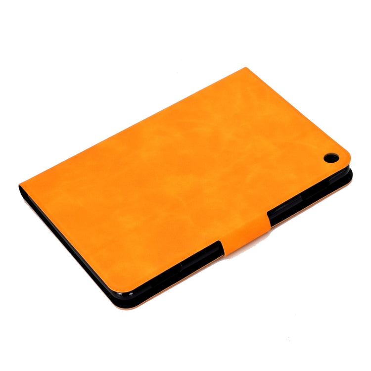 Orange leather flip case with cowhide texture and camera opening
