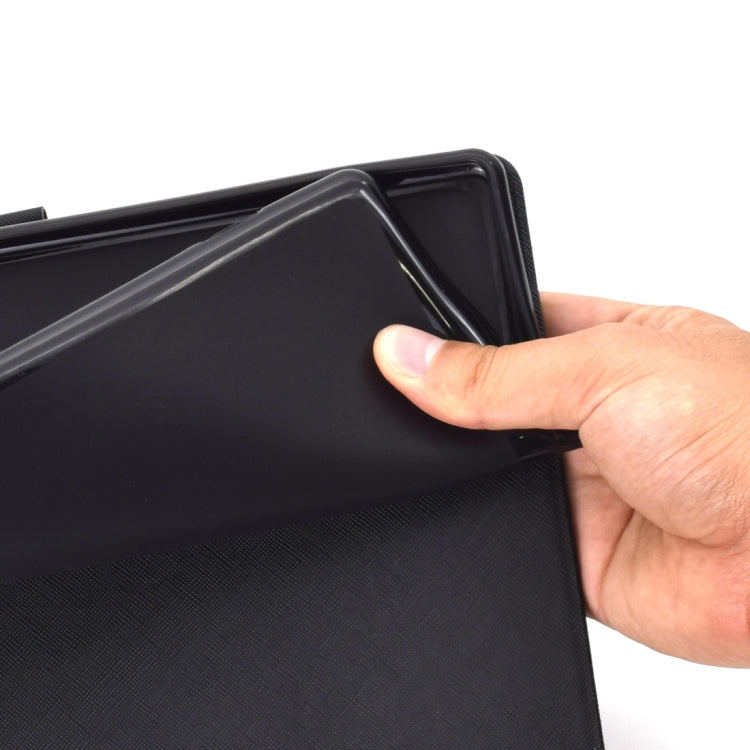Black cowhide-texture leather flip case cover being adjusted by hand