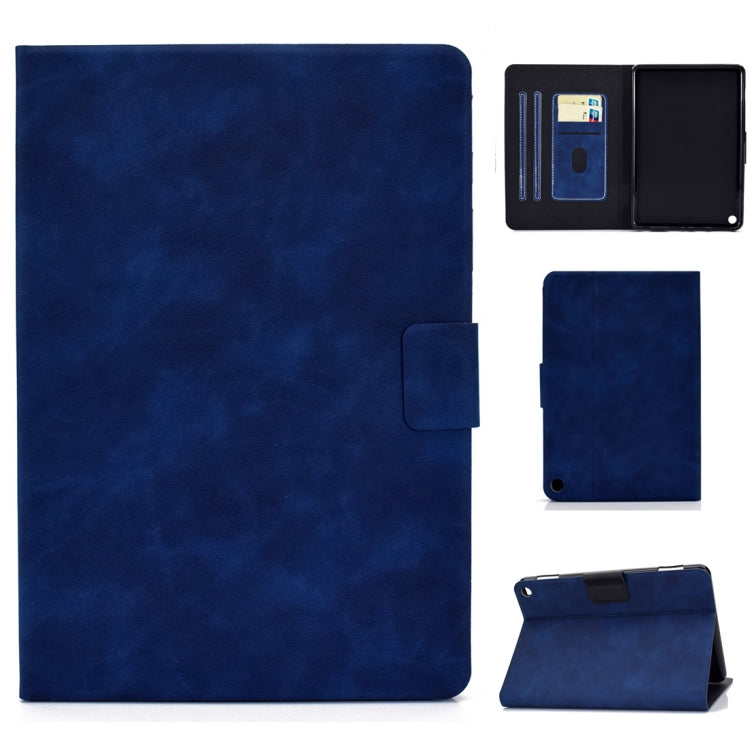 Blue cowhide-texture leather flip case with card slots and stand holder