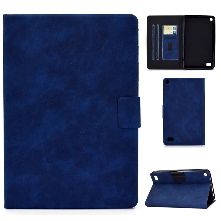 Blue cowhide-texture leather flip case with card slots and stand holder