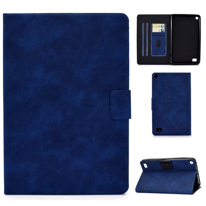 Blue cowhide-texture leather flip case with card slots and stand holder