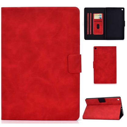 Cowhide-textured leather flip case with card slots and front pocket, red.