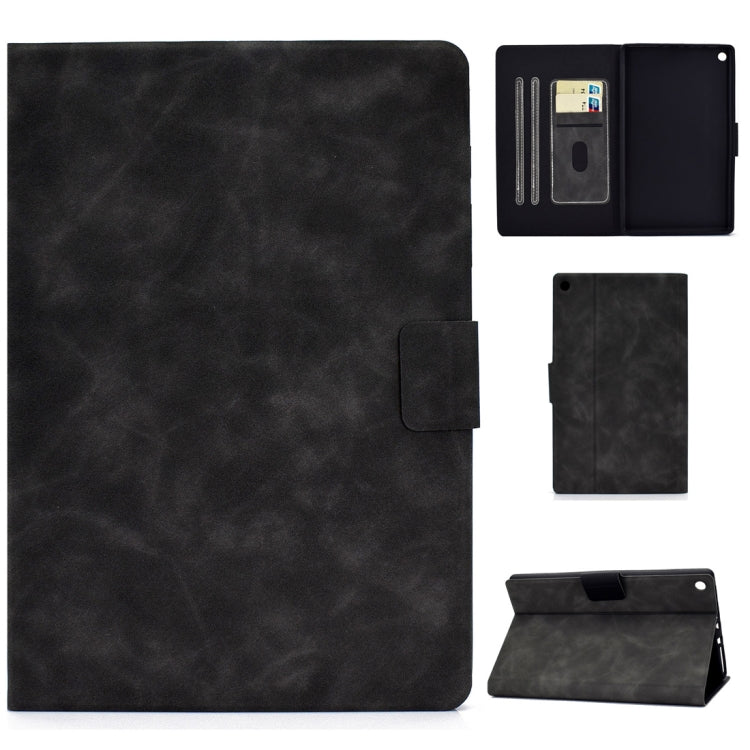 Cowhide-textured leather flip case with card slots and front pocket, dark gray.