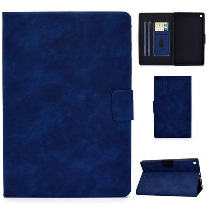 Cowhide-textured leather flip case with card slots and front pocket, blue.