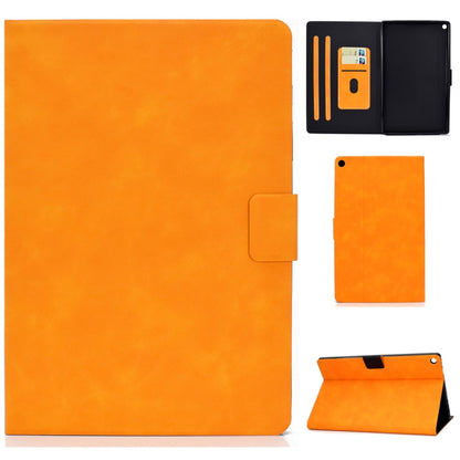 Cowhide-textured leather flip case with card slots and front pocket, orange.