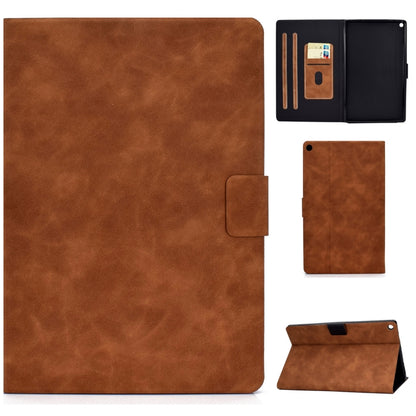 Cowhide-textured leather flip case with card slots and front pocket, brown.