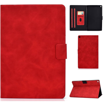 Cowhide-textured leather flip case with card slots and front pocket, red stand view.