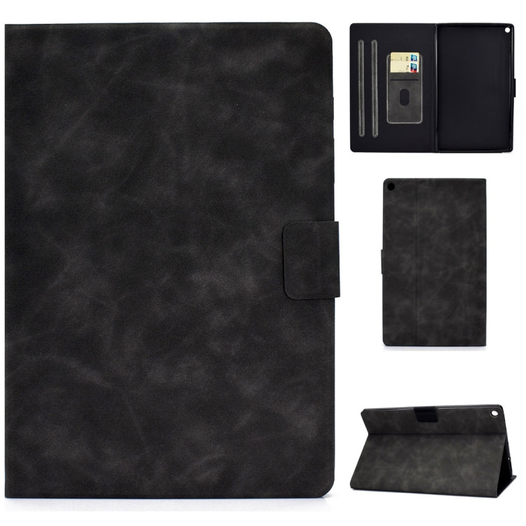Cowhide-textured leather flip case with card slots and front pocket, dark gray stand.