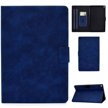 Cowhide-textured leather flip case with card slots and front pocket, blue stand view.