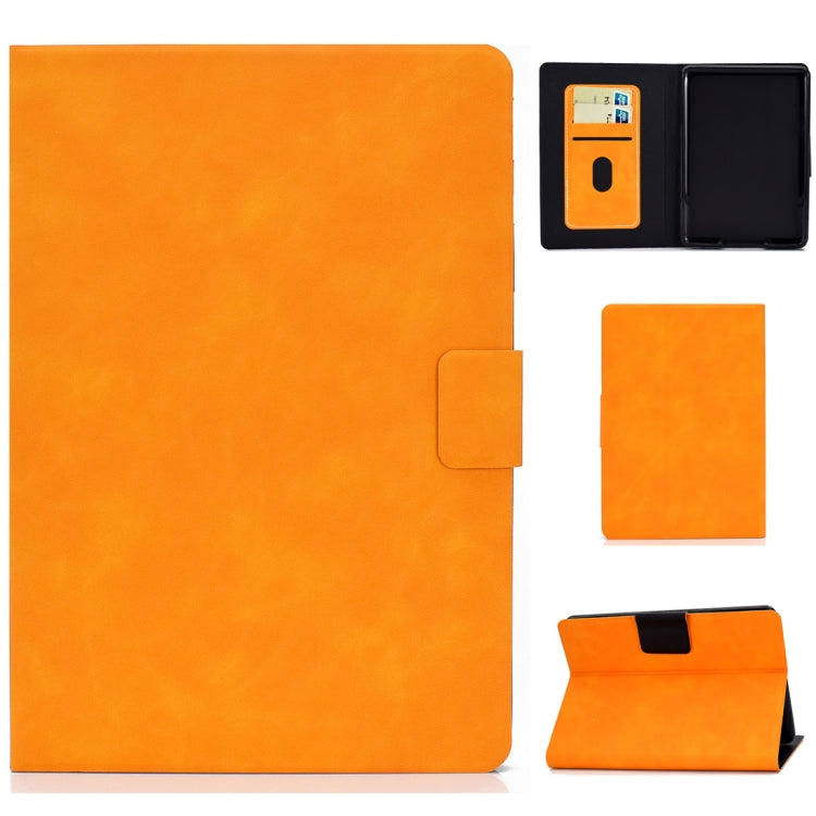 Cowhide-textured leather flip case with card slots and front pocket, orange stand view.