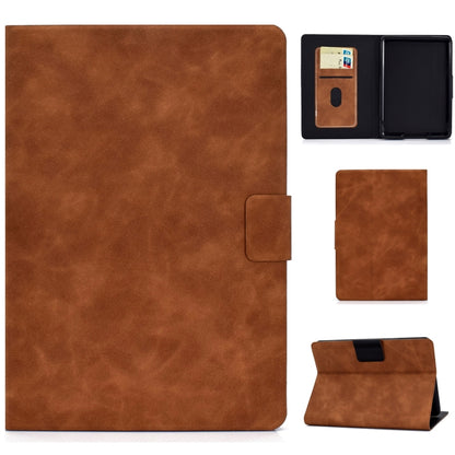 Cowhide-textured leather flip case with card slots and front pocket, brown stand view.