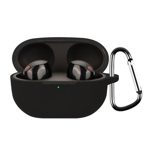 Black silicone earbud protective case with earbuds and hanging carabiner clip