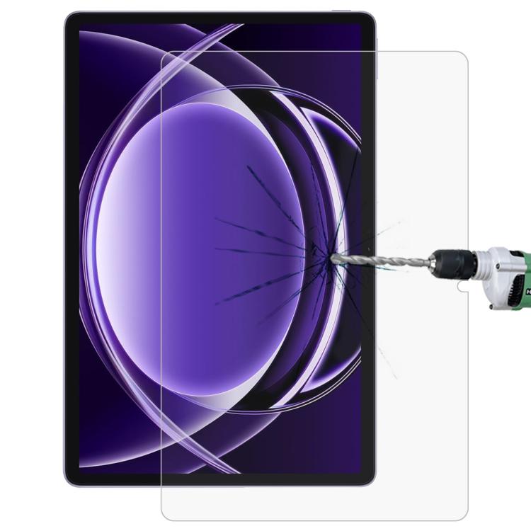 Tablet tempered glass screen protector film applied, clear coverage with impact lines