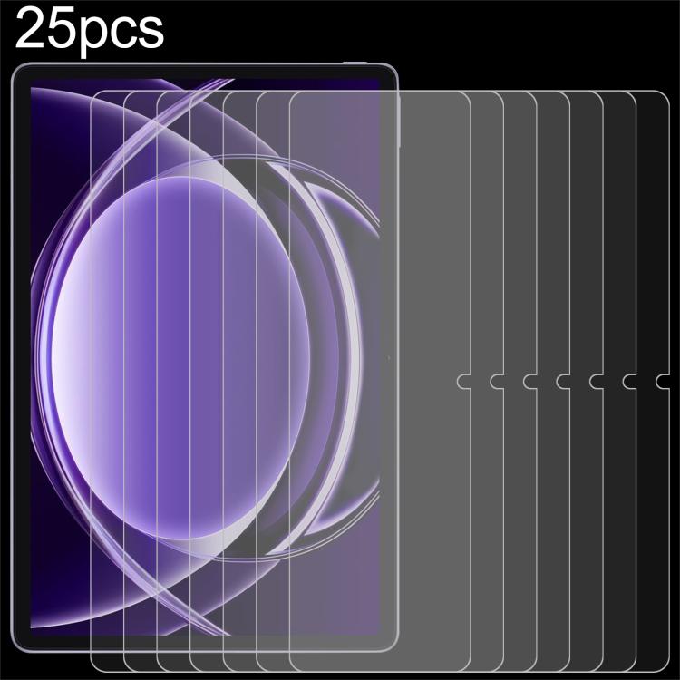 25-piece clear tempered glass screen protector films shown stacked for tablet