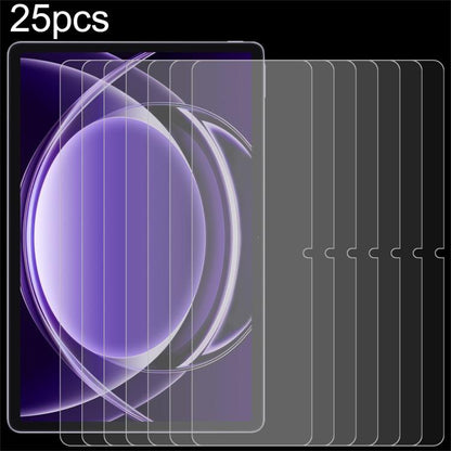 25-piece clear tempered glass screen protector films shown stacked for tablet
