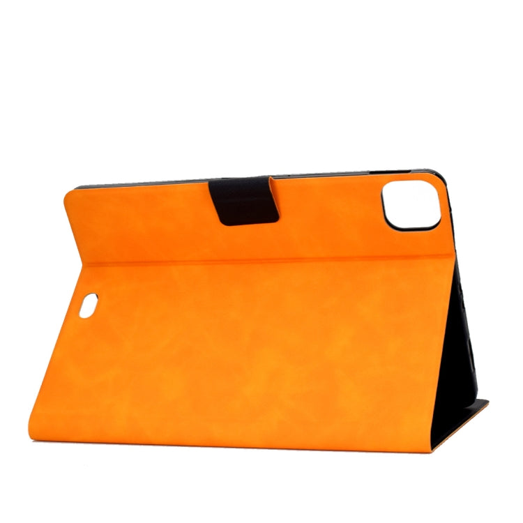 Orange leather folio case with top flip flap and camera cutout, side view