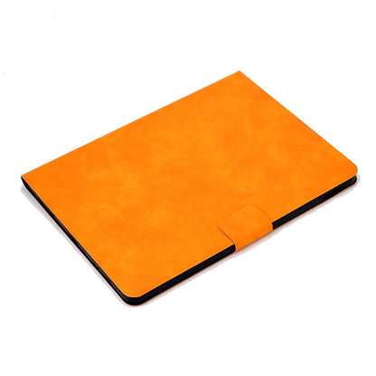 Orange leather flip tablet case with smooth fold edge and secure strap tab