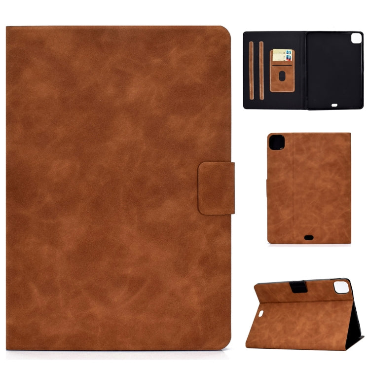 Cowhide-texture flip leather case with card holder and sleep/wake flap, brown.